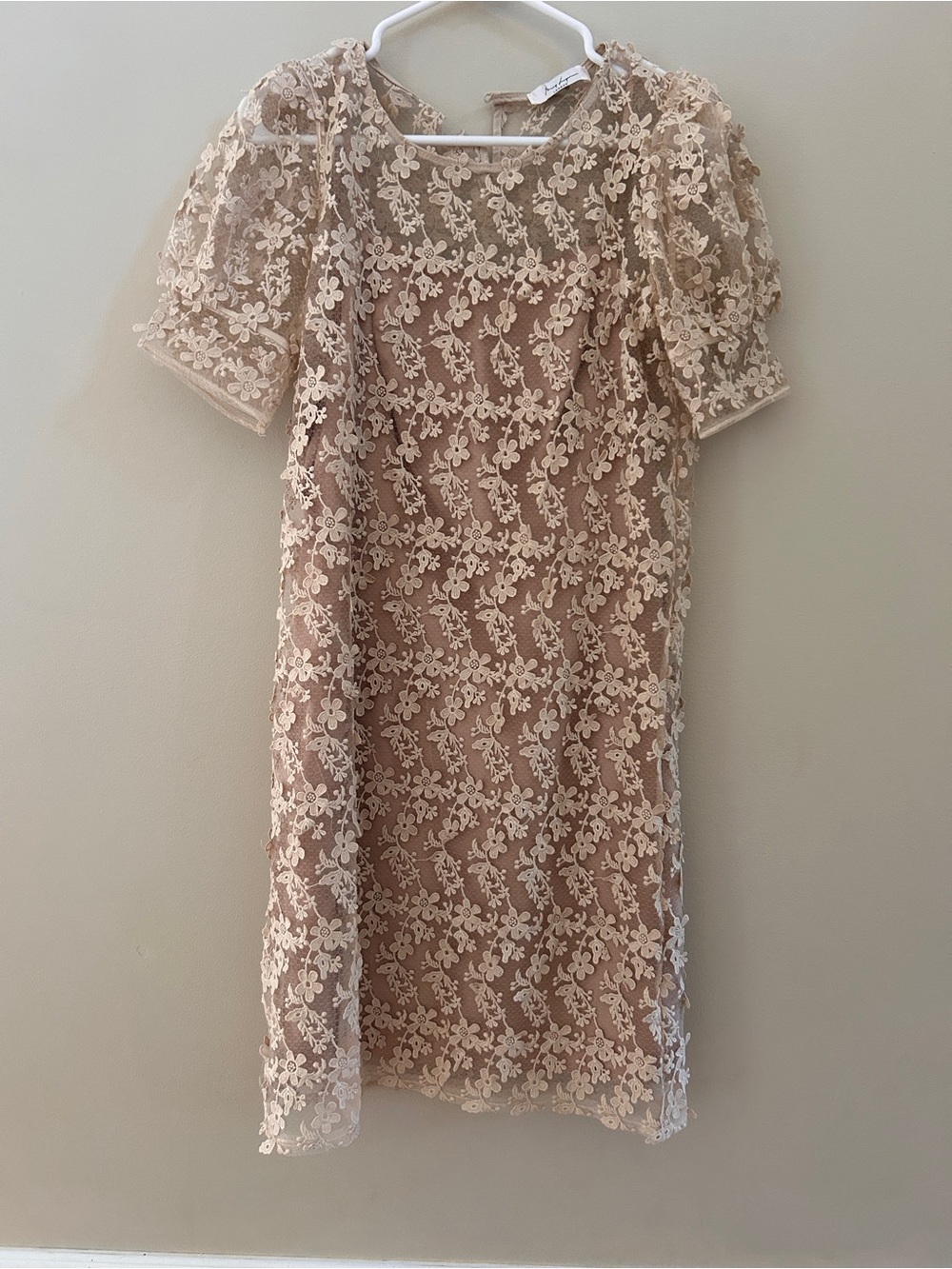 Delicate Lace Overlay Shift Dress in Beige - Women